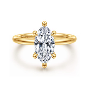 Gabriel & Co. ER15972M6Y84JJ 18 karat yellow gold Classic engagement ring, front view of a marquise center held by six ball tipped prongs on a smooth band