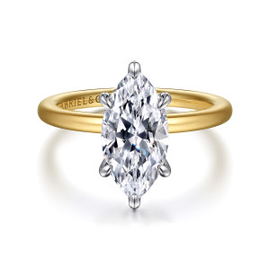 Gabriel & Co. ER15972M8M44JJ 14 karat white and yellow gold Classic engagement ring, front view of a marquise center held by six slender claw prongs on a plain band
