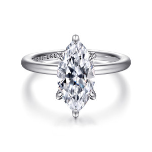 Gabriel & Co. ER15972M8W44JJ 14 karat white gold Classic engagement ring, front view of a long marquise center with pointed end prongs above a smooth plain band