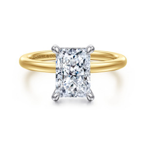 Gabriel & Co. ER15972N8M44JJ 14 karat white and yellow gold Classic engagement ring, front view of a rectangular center with clipped corners held by four claws on a smooth band