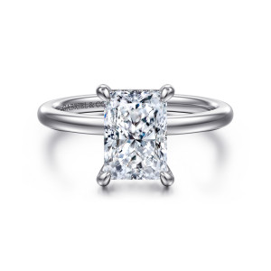 Gabriel & Co. ER15972N8W44JJ 14 karat white gold Classic engagement ring, front view of a tall rectangular center between four smooth prongs on a bare polished band