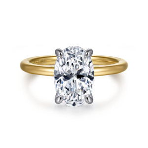 Gabriel & Co. ER15972O12M44JJ 14 karat white and yellow gold Classic engagement ring, front view of an oval center in four rounded claws on a smooth band of a warmer tone