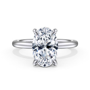 Gabriel & Co. ER15972O12W44JJ 14 karat white gold Classic engagement ring, front view of slim rounded claws at the four ends of an oval center on a plain band