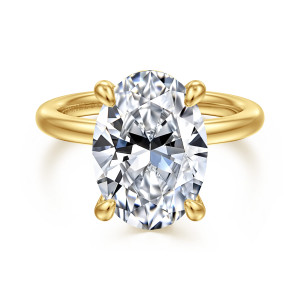 Gabriel & Co. ER15972O20Y44JJ 14 karat yellow gold Classic engagement ring, front view of an oval seat held by four rounded claws over a smooth domed band