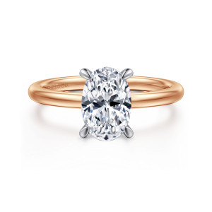 Gabriel & Co. ER15972O6T44JJ 14 karat white and rose gold Classic engagement ring, front view of an oval center on four rounded claw prongs above a plain band