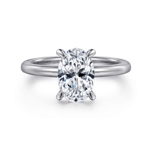 Gabriel & Co. ER15972O6W44JJ 14 karat white gold Classic engagement ring, front view of an oval center in four teardrop shaped prongs on a smooth plain band
