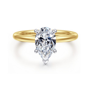 Gabriel & Co. ER15972P6M44JJ 14 karat white and yellow gold Classic engagement ring, front view of a pear shaped center with a V shaped prong at its point