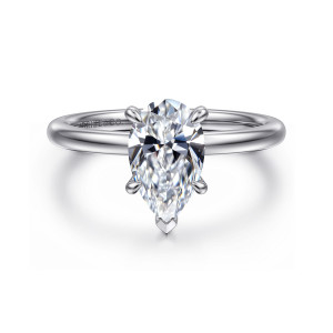 Gabriel & Co. ER15972P6W84JJ 18 karat white gold Classic engagement ring, front view of a pear shaped center with a V shaped prong at the pointed end
