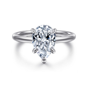 Gabriel & Co. ER15972P8W44JJ 14 karat white gold Classic engagement ring, front view of a pear shaped center with rounded teardrop prong tips on a smooth band