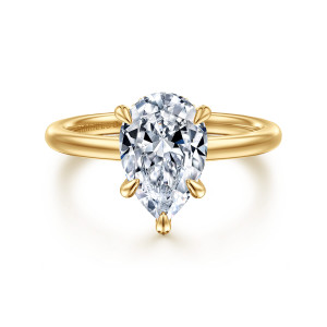 Gabriel & Co. ER15972P8Y44JJ 14 karat yellow gold Classic engagement ring, front view of a pear shaped center in five rounded prongs on a smooth plain band