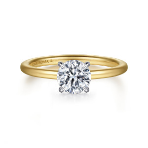 Gabriel & Co. ER15972R4M44JJ 14 karat white and yellow gold Classic engagement ring, front view of a round center in slender claws above a thin polished band