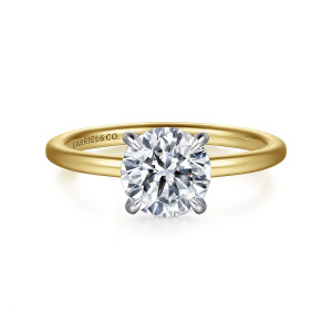 Gabriel & Co. ER15972R6M44JJ 14 karat white and yellow gold Classic engagement ring, front view of a round center held by four claws over a smooth slim band