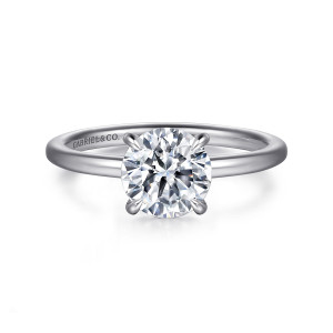 Gabriel & Co. ER15972R6PT4JJ platinum Classic engagement ring, front view of a round center between four smooth prongs on a bare slim band