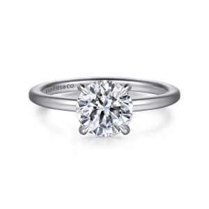 Gabriel & Co. ER15972R6W44JJ 14 karat white gold Classic engagement ring, front view of slim claw prongs around a round center above a smooth polished band