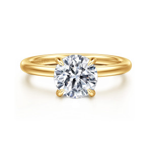 Gabriel & Co. ER15972R6Y84JJ 18 karat yellow gold Classic engagement ring, front view of a round center held by four teardrop tipped claws on a smooth band