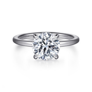 Gabriel & Co. ER15972R8W44JJ 14 karat white gold Classic engagement ring, front view of a round seat held by four slim claws on a thin smooth band