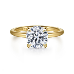 Gabriel & Co. ER15972R8Y44JJ 14 karat yellow gold Classic engagement ring, front view of a round center in four rounded claws over a thin smooth band