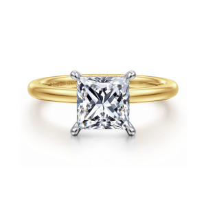 Gabriel & Co. ER15972S6M44JJ 14 karat white and yellow gold Classic engagement ring, front view of a princess cut center with four rounded prong tips on a smooth rounded band