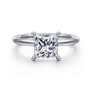 Gabriel & Co. ER15972S6PT4JJ platinum Classic engagement ring, front view of a square princess cut center held at the corners by slim prongs