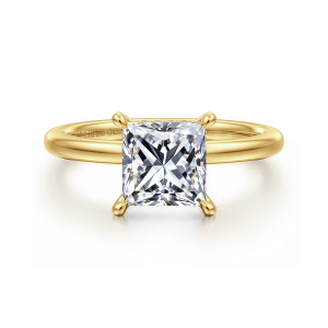 Gabriel & Co. ER15972S6Y44JJ 14 karat yellow gold Classic engagement ring, front view of a square center held by four rounded tip prongs on a smooth rounded band