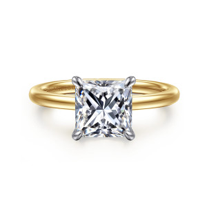 Gabriel & Co. ER15972S8M44JJ 14 karat white and yellow gold Classic engagement ring, front view of a square center in four teardrop shaped prongs on a smooth plain band