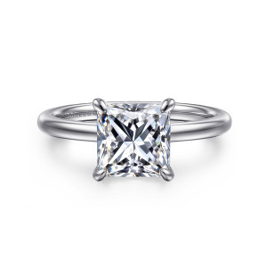 Gabriel & Co. ER15972S8W44JJ 14 karat white gold Classic engagement ring, front view of a square princess cut center held by four rounded corner prongs