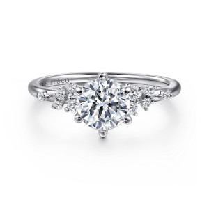 Gabriel & Co. ER15973R4W44JJ 14 karat white gold Starlight engagement ring, front view of a round center in beaded prongs with small stone clumps on both shoulders
