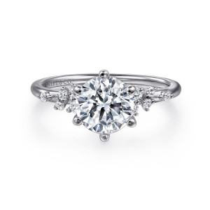 Gabriel & Co. ER15973R6PT4JJ platinum Starlight engagement ring, front view of a round center with ball tipped prongs and small clusters on each shoulder