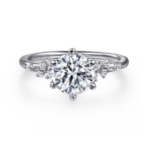 Gabriel & Co. ER15973R6W84JJ 18 karat white gold Starlight engagement ring, front view of a round center with six ball tipped prongs and small diamond clusters on both shoulders