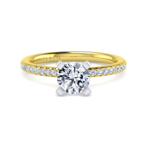 Gabriel & Co. ER16055R4M44JJ 14 karat white and yellow gold Classic engagement ring, front view of a round center in four flat topped prongs above a row of small round diamonds