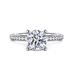 Gabriel & Co. ER16055R6W44JJ 14 karat white gold Classic engagement ring, front view of a round center in four rounded tip prongs with small diamonds on both shoulders