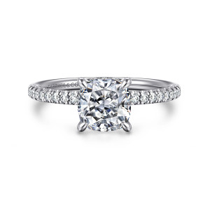 Gabriel & Co. ER16058C6W44JJ 14 karat white gold Classic engagement ring, front view of a cushion cut center with four slender prongs and diamonds along the shoulders