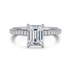 Gabriel & Co. ER16058E6W44JJ 14 karat white gold Classic engagement ring, front view of a rectangular center in tapered prongs with diamonds along the slender band