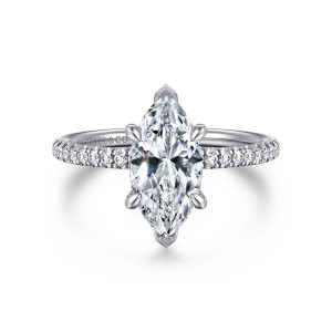Gabriel & Co. ER16058M6W44JJ 14 karat white gold Classic engagement ring, front view of a marquise center with angular tip prongs and small diamonds along the band