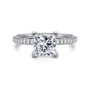 Gabriel & Co. ER16058S6W44JJ 14 karat white gold Classic engagement ring, front view of a square princess cut center gripped at each corner with diamonds along the band