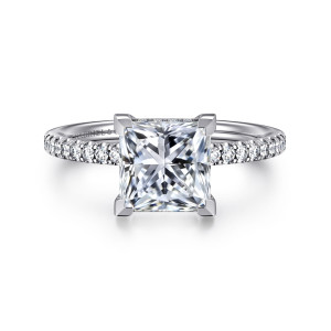 Gabriel & Co. ER16058S8W44JJ 14 karat white gold Classic engagement ring, front view of a princess cut center gripped by squared corner prongs above a stone lined band