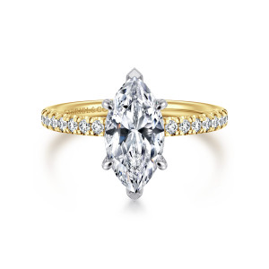 Gabriel & Co. ER16059M6M44JJ 14 karat white and yellow gold Classic engagement ring, front view of a marquise center with pointed end prongs and small prong set diamonds down both sides