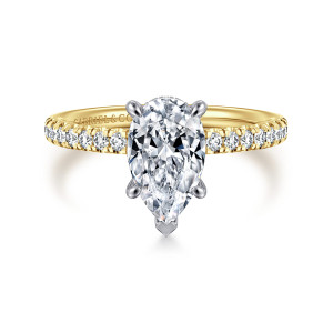 Gabriel & Co. ER16059P6M44JJ 14 karat white and yellow gold Classic engagement ring, front view of a pear shaped center in a cooler toned head with pave along a thin band