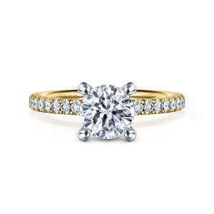 Gabriel & Co. ER16059R4M44JJ 14 karat white and yellow gold Classic engagement ring, front view of a round center in rounded prongs above a row of diamonds on each shoulder