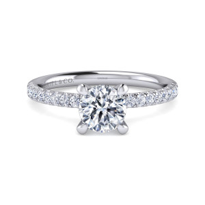 Gabriel & Co. ER16059R4W44JJ 14 karat white gold Classic engagement ring, front view of a round center with rounded prongs between pave shoulders