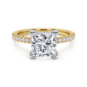 Gabriel & Co. ER16059S10M44JJ 14 karat white and yellow gold Classic engagement ring, front view of a square princess cut center with four corner prongs and diamonds along the band