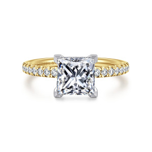Gabriel & Co. ER16059S6M44JJ 14 karat white and yellow gold Classic engagement ring, front view of a princess cut center in four corner prongs beside small round diamonds
