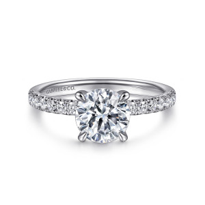 Gabriel & Co. ER16060R6W44JJ 14 karat white gold Classic engagement ring, front view of a round center in four tapered prongs with diamonds running along both shoulders