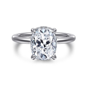 Gabriel & Co. ER16061G12W44JJ 14 karat white gold Classic engagement ring, front view of an elongated cushion center in four claws with a fine beaded edge behind it