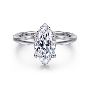 Gabriel & Co. ER16061M6PT4JJ platinum Classic engagement ring, front view of a marquise center with rounded prongs and a thin edge of small diamonds below it