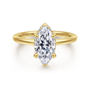 Gabriel & Co. ER16061M6Y44JJ 14 karat yellow gold Classic engagement ring, front view of a marquise center with side prongs and a thin glint of diamonds beneath its edge