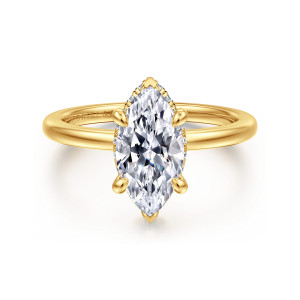 Gabriel & Co. ER16061M6Y84JJ 18 karat yellow gold Classic engagement ring, front view of a marquise center with a thin line of small diamonds showing at its edge