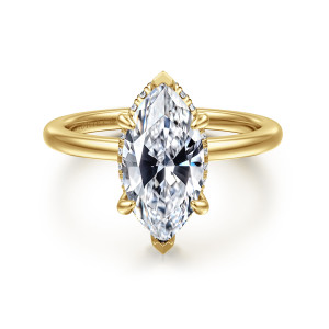 Gabriel & Co. ER16061M8Y44JJ 14 karat yellow gold Classic engagement ring, front view of a marquise center with pointed V shaped prongs capping both tips