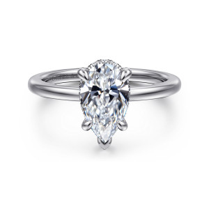 Gabriel & Co. ER16061P6W44JJ 14 karat white gold Classic engagement ring, front view of a pear shaped center with a V tipped prong at its point