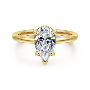 Gabriel & Co. ER16061P6Y44JJ 14 karat yellow gold Classic engagement ring, front view of a pear shaped center with a V tip claw and diamonds at its edge